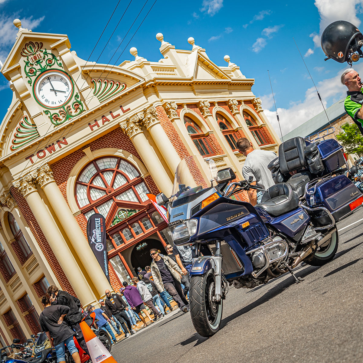 Honda GoldWing Motorcycle in front of the York Town hall