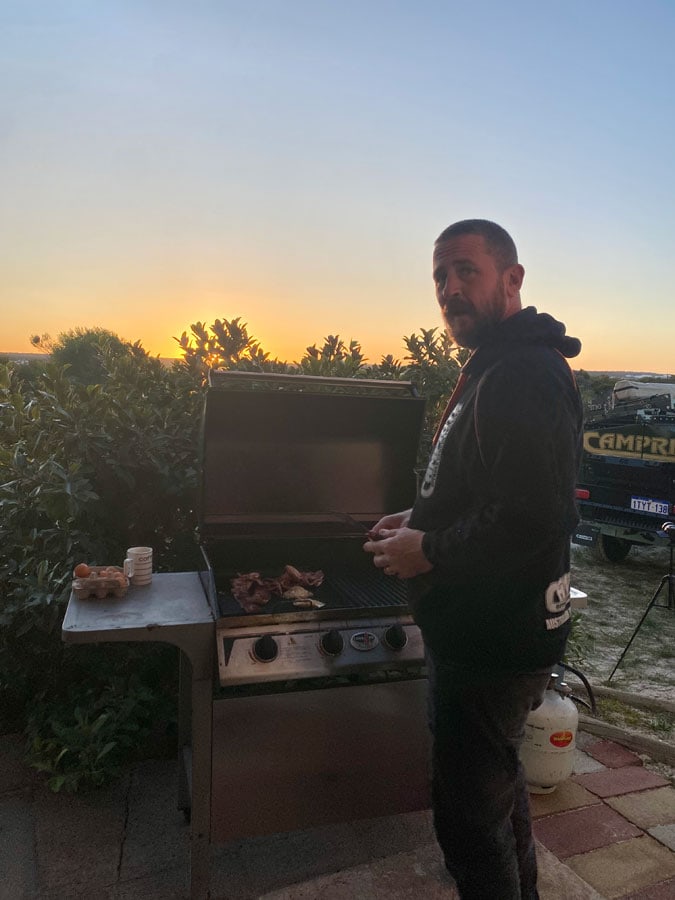 Cooking breakfast during the shoot