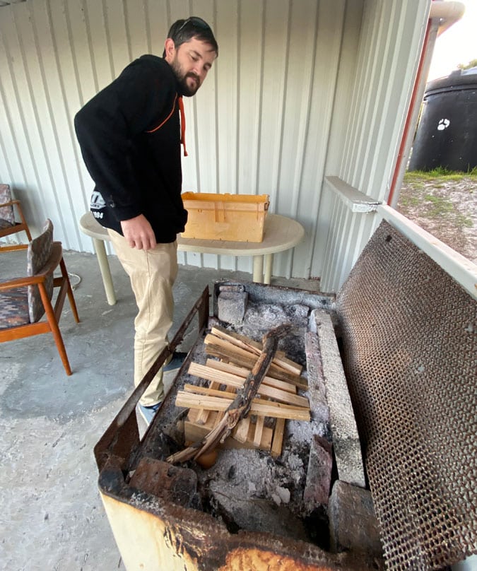 Making fire for the night at the shoot
