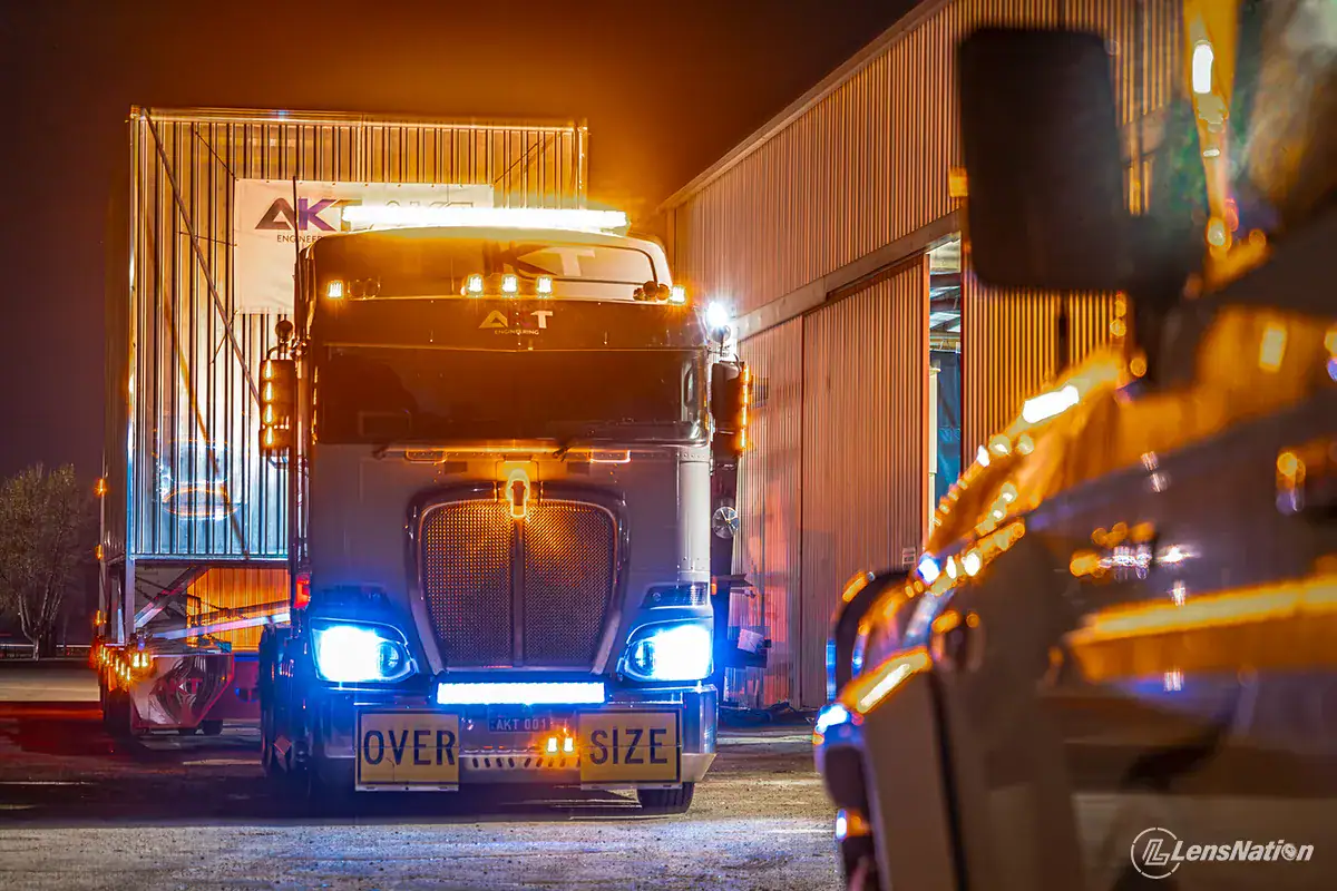 AKT Haulage heavy haulage truck departing Perth for Karratha at dawn
