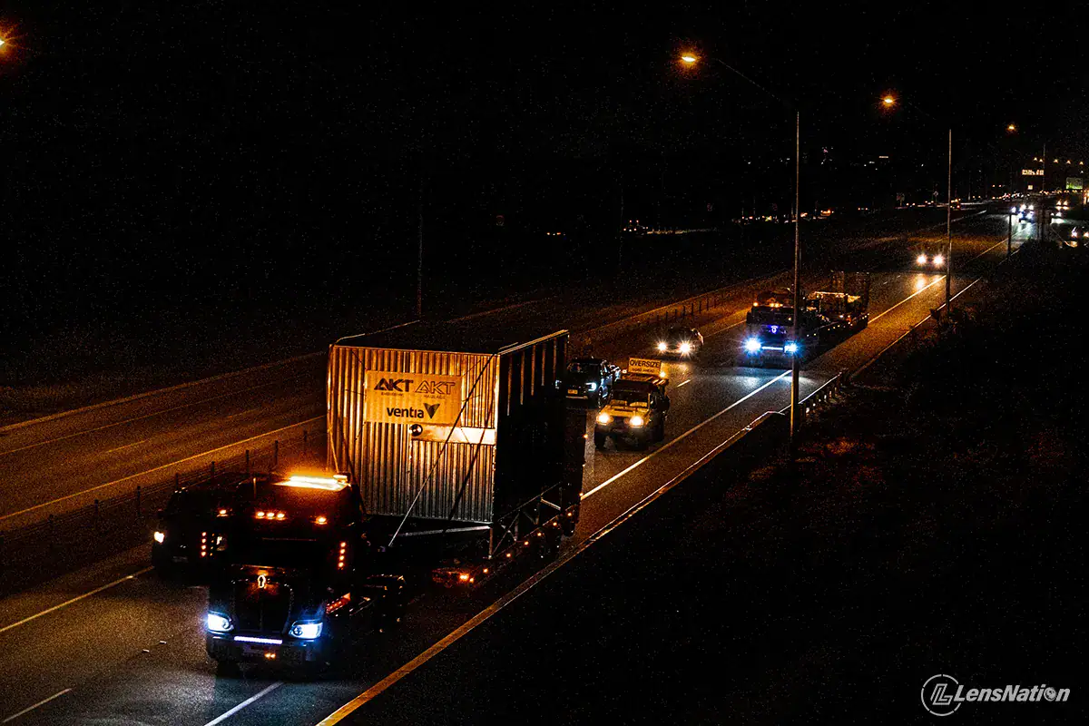 Low-light commercial photography showcasing a mining logistics truck departing Perth for regional Western Australian mining projects.