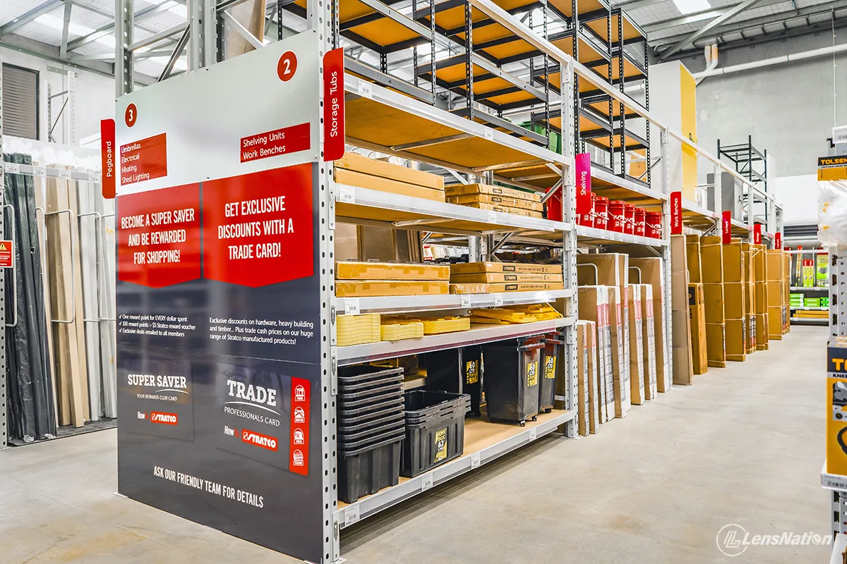 Bright and organised retail aisles inside the Stratco store in Neerabup