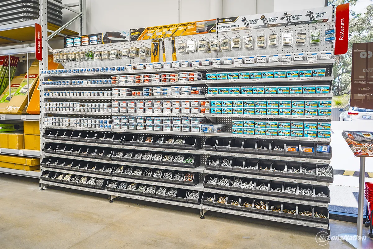 Product aisles and retail displays photographed inside the Stratco store in Perth