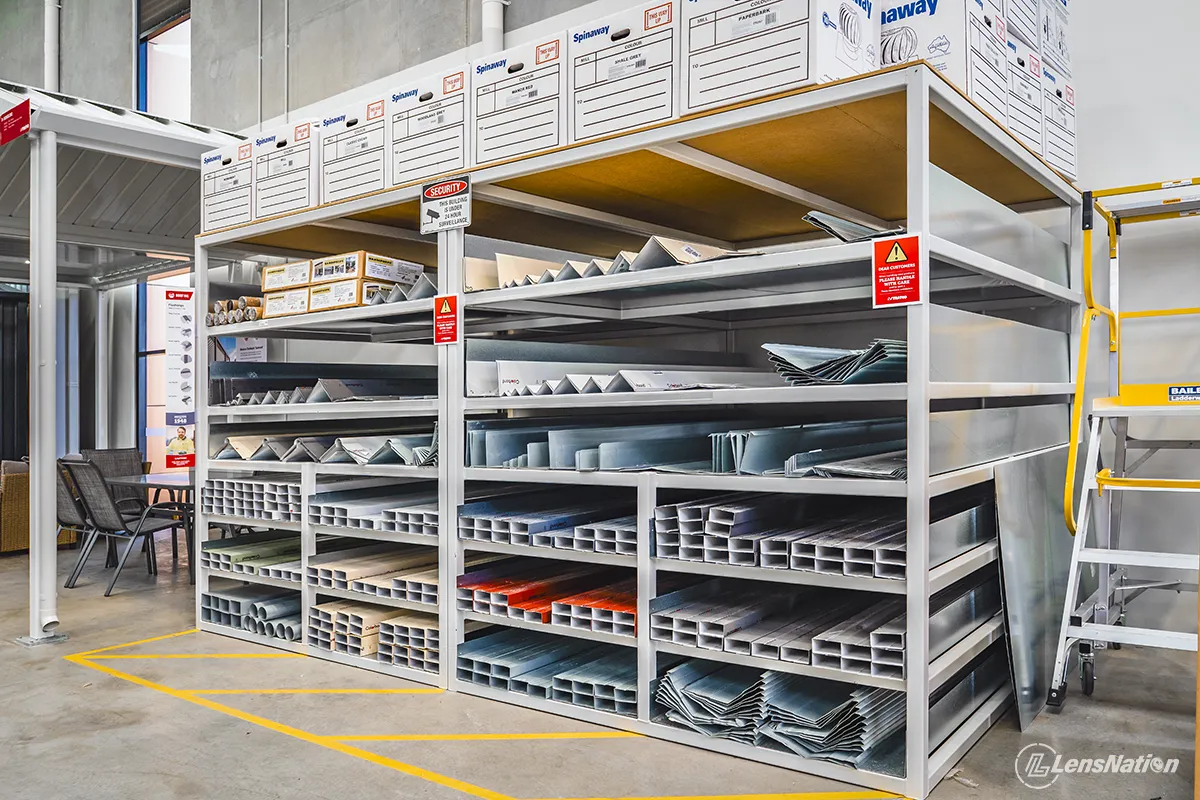 Product aisles and retail displays photographed inside the Stratco store in Perth