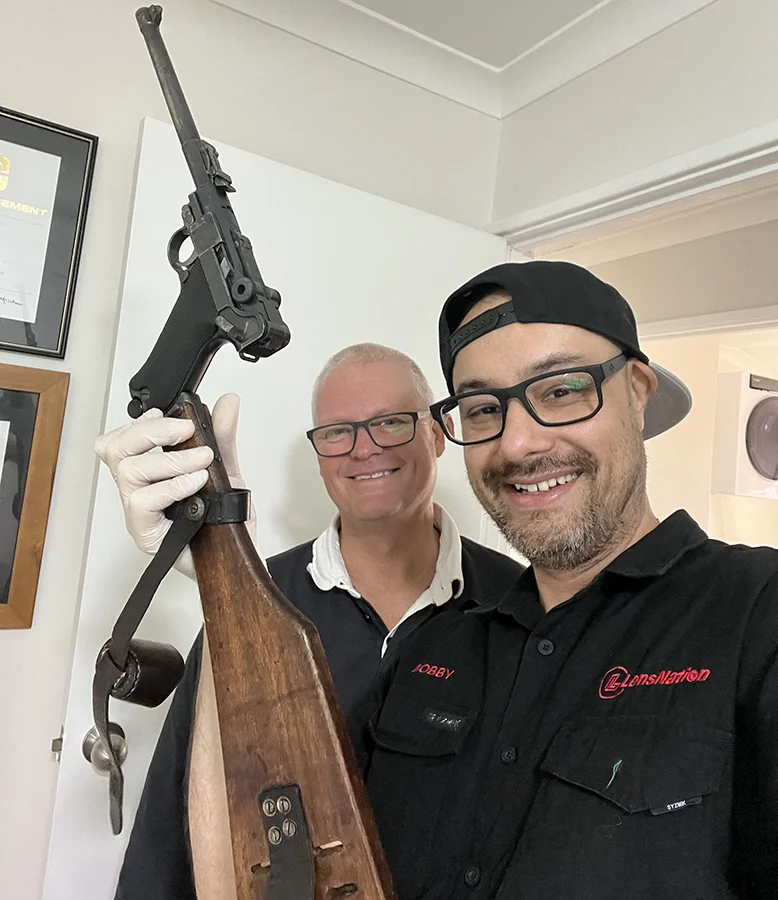 Bobby from LensNation with the client holding the Erfurt LP08 with stock