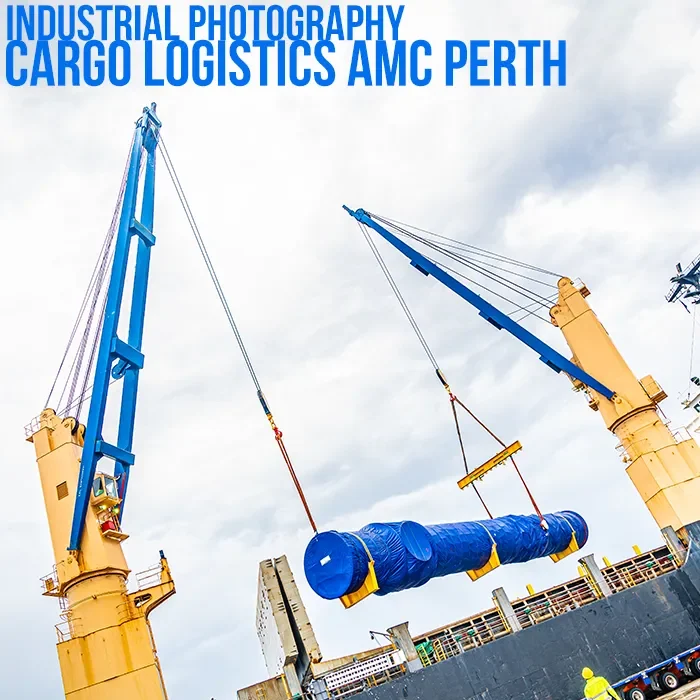Industrial photography capturing cargo ship unloading at Australian Marine Complex in Perth